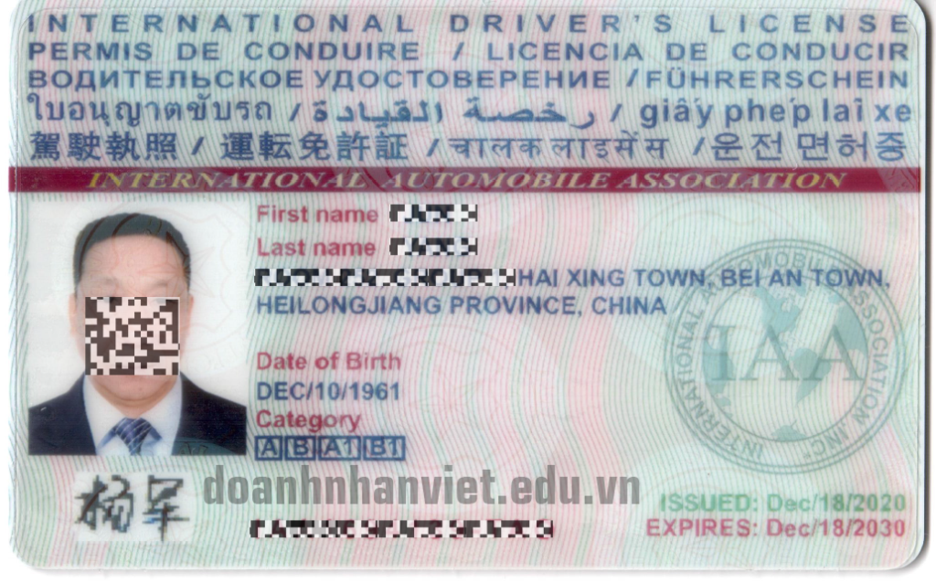 Mẫu bằng lái xe quốc tế IAA