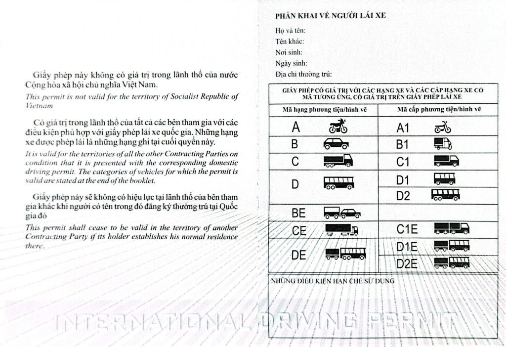 Trang 1-2 Mẫu bằng lái xe quốc tế IDP